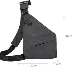 Image of a Grey Egonomic Crossbody Bag. It shows the dimensions of the bag. 31 x 23 x 2cm.