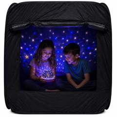 Dark Den Premium Tent with children inside using the galaxy lamp