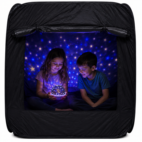 The Dark Den premium blackout pop-up retreat space with two children enjoying calming light activities inside