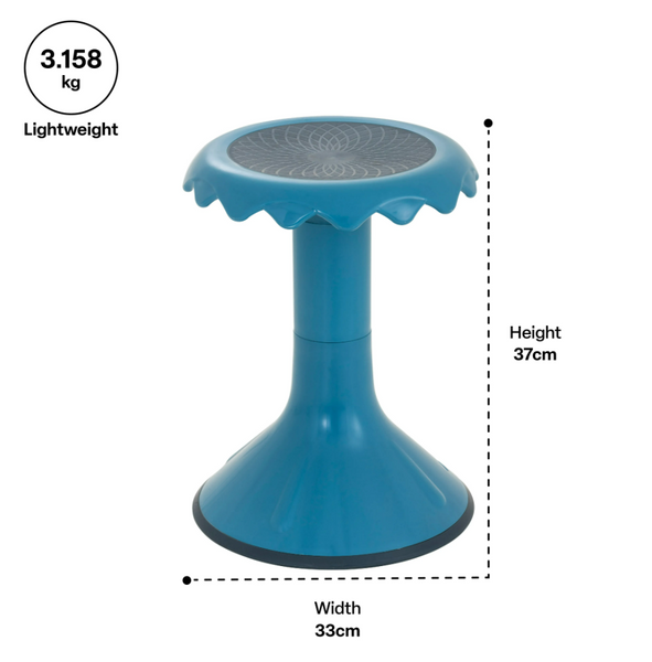 Blue stool with measurements and weight information on a white background