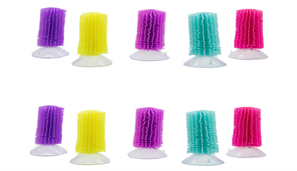This is an image of 10 Flick sticks, spikey rubber on a suction pad. Colours are purple, yellow, dark pink, blue and hot pink