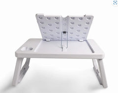 Back view of an open, white adjustable laptop desk set against a plain white background.