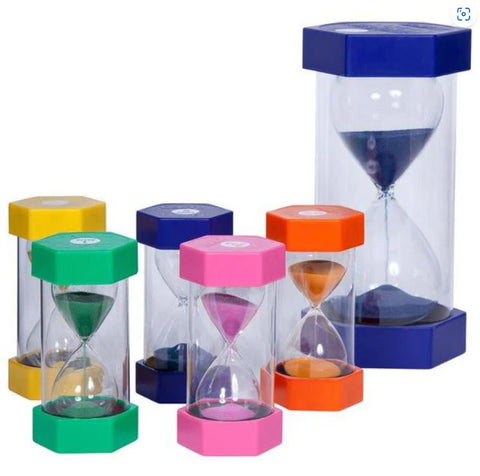 This is an image of sand hourglass timers. There is a large blue timer and small sand 5  hourglass timers that are yellow, green, blue, pink and orange.