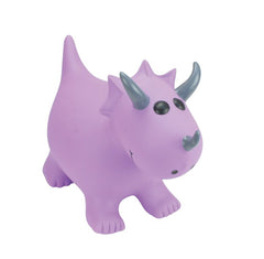 Purple dinosaur toy with gray horns on a white background