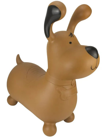 Brown inflatable dog-shaped bouncer on a white background