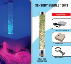 This is an image of a bubble tube with Fibre Optic lighting. It is sitting in a white podium and attached to the wall with a bracket.This image shows the 150cm bubble tube, the fibre optic lighting kit, the sofa podium and the bracket included in this sensory bundle kit.