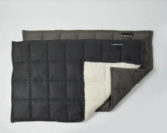 This is an image of the Therapeutic Weighted Lap Pad.It shows the white sherpa underside and the grey suede side.