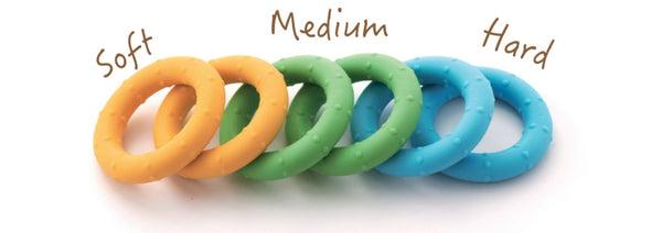 This is an image of  the Weplay Squeezer - Tactile set of 6 rings . Great for Hand Therapy. The Yellow rings are soft, the gree n rings are medium and the blue rings are hard.