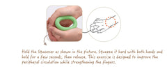 This is an image of  a 2 hands holding a green  Weplay Squeezer - Tactile Ring. This has an image of a hand holding a computer mouse.