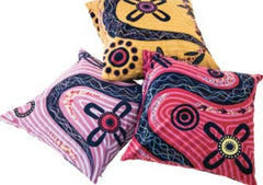 This is an image of a set of 3 cushions with indigenous designs. Billyara. Songline Indigenous Cushions.