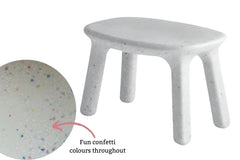 Kids plastic confetti table in white with coloured specks with inset showing material close up