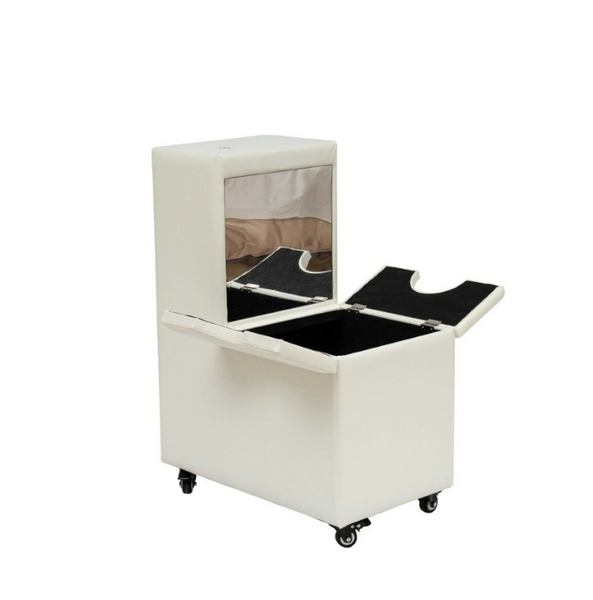 Image of a mobile sofa podium designed for bubble tubes, featuring white vinyl upholstery, a black interior with a mirror, and mounted on casters.