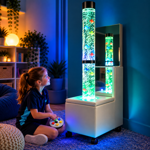A mobile podium featuring a bubble tube, with a child operating it using a wireless switch controller.