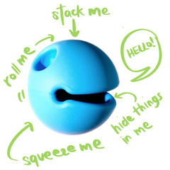 Image of the Moluk Mox Ball Head Blue ball with text indicating actions like 'stack me', 'roll me', 'squeeze me', and 'hide things in me' on a white background.
