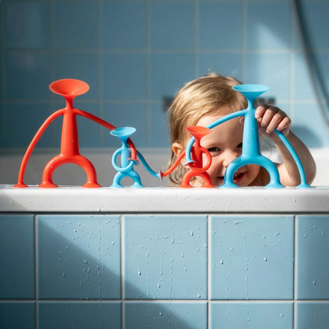 Image of a child in the bath, playing with red and blue Oogi figures by Moluk.