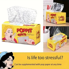 This is an image of the box of Poppit Bubble Wrap Sheets. There is an image of a lady with her hands on her cheeks as though she is stressed.