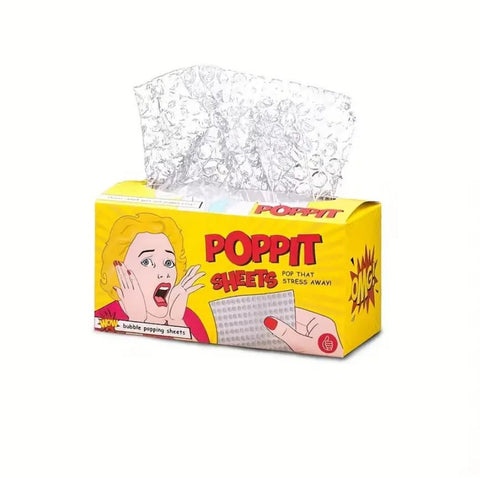 This is an image of the box of Poppit Bubble Wrap Sheets. There is an image of a lady with her hands on her cheeks as though she is stressed.