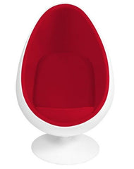 This is an image of an oval Egg Floor Chair. White Fiberglass Outer with Red Inner Cushion - Front view