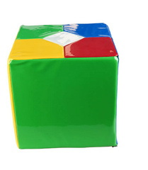 image of a colourful pvc covered  cube. The colours are green, blue, red, yellow and white.