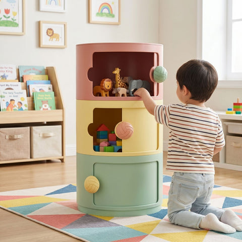 child playing with a componibili 3 colour storage unit