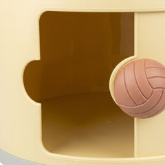 closeup of open door and handle of round storage unit yellow