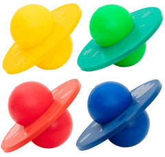Four vibrant Rock 'N' Hopper balls, each featuring a central ball surrounded by outer rings, set against a white background in yellow, green, red, and blue.