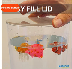 This is an image of how to put the lid on bubble tube.  There are plastic fish floating at the top.
