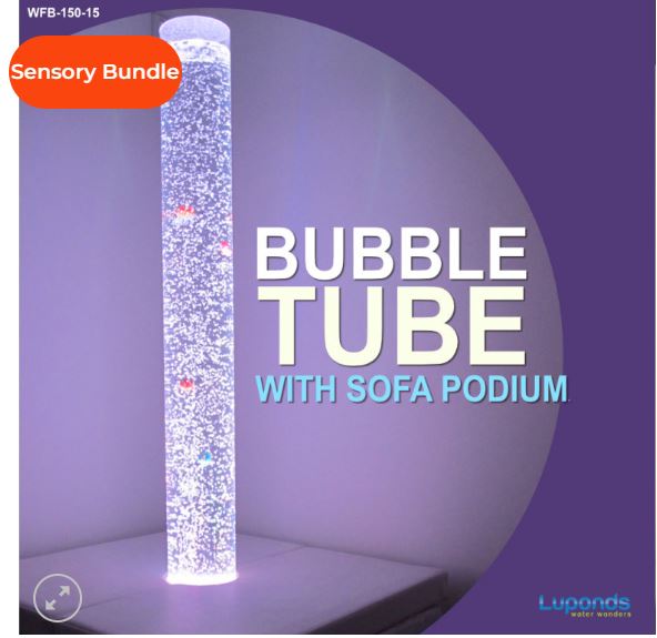 Image of a bubble tube with fish and sitting in a sofa podium.