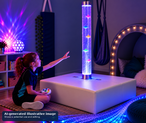 child reaches out to touch bubble tube while holding a wireless controller