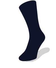 This is an image of a child wearing the Calmcare Adaptive Ankle Length Sensory Socks - navy blue