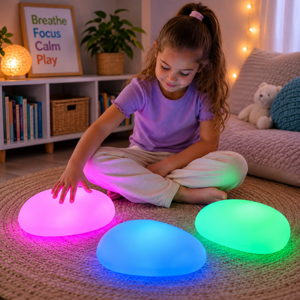 Child touching set of 3 led colour changing light up stones