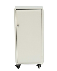 Back view of a white mobile podium with wheels against a white background.