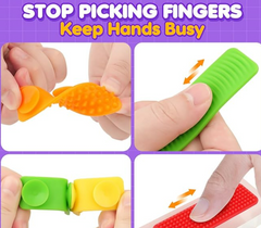 Colorful hand toys designed to keep fingers busy on a purple grid background.