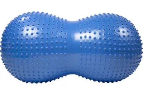 This is an image of a blue Therapy Inflatable Sensory Ball with Tactile Nubs. It is a peanut shape. It has tactile nubs on each end and has a smooth band in the middle.