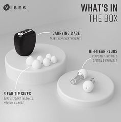 This is an image of Vibes Hi-Fidelity Reusable Noise Reduction Ear Buds. This shows the carry case, ear tip sizes and the ear plugs