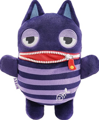 This is an image of a Purple and white striped plush toy with a zipper mouth on a white background. Worry Eater