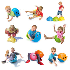 Children playing with colorful Bilibo Pods in various playful manner. Pods come in different colors like blue, red, yellow, pink, orange & green.
