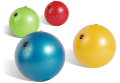 This is an image of 4 rubber balls called Chi Balls. The colours are light green red, blue and yellow