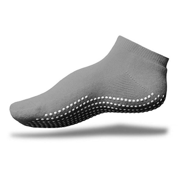 This is an image of Gripperz Socks. They are grey with rubber dots on the bottom.