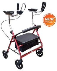  This is an image of a Heavy Duty Extra Wide Gutter Arm Steel Rollator with red frame and 4 wheels. It has a solid seat and a basket underneath. The gutter arms have hand brakes