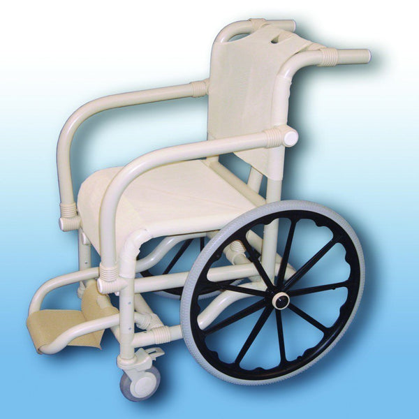 This is an image of a Pool Wheelchair. It is white with black rims on the wheels. It shows a foot plate and anti-tipper wheels.