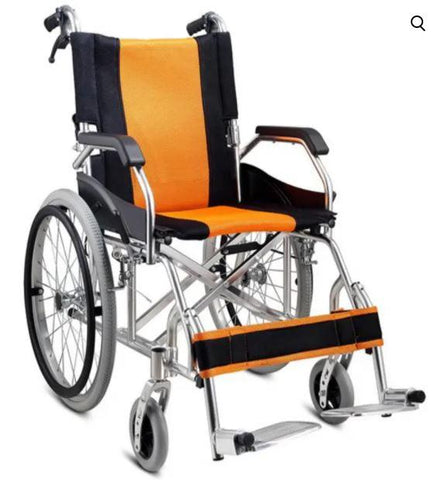 This is an image of an ORANGE  Light-weight Manual Wheelchair With Foldable Backrest and attendant hand brake