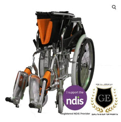 This is an image of an ORANGE  Light-weight Manual Wheelchair With Foldable Backrest and attendant hand brake. It is folded up
