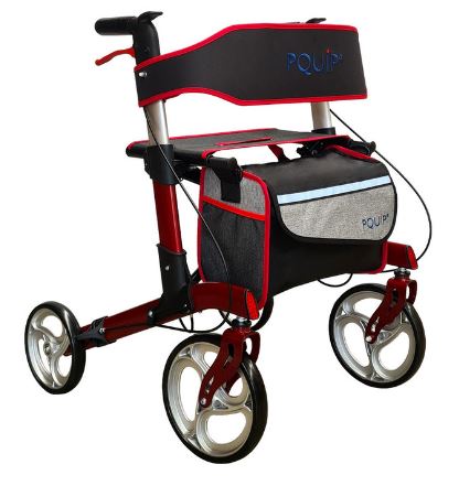 Red rollator with 10 inch front wheels