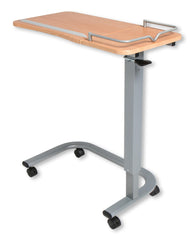 This is an image of an overbed table. It has a split tip top and a rail around it to stop things spilling