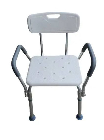 This is a front View of a Shower Chair with a backrest and removable hand rest and back rest.