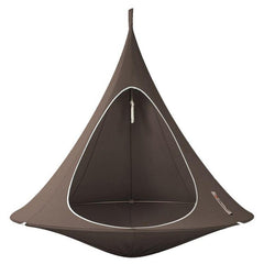 Brown hanging tent hammock with white trim.