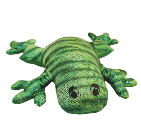 This is an image of the sensory weighted Frog toy for sensory overload. It is a sparkly green colour.