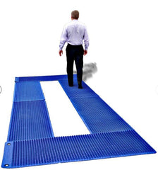 This is an image of a someone walking on a Blue Tactile Walkways that have been placed in a rectangle. Great for Autism.