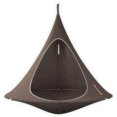 This is an image of a hanging tent that is brown with white trim in colour.